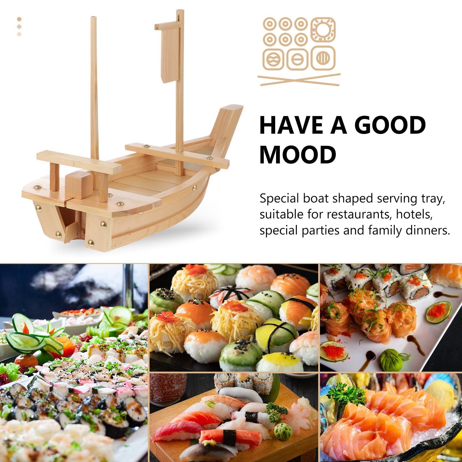 Bandeja para Presentar Sushi y Sashimi Diseño de Barco de Madera Natural para Utensilios de Cocina y Eventos
