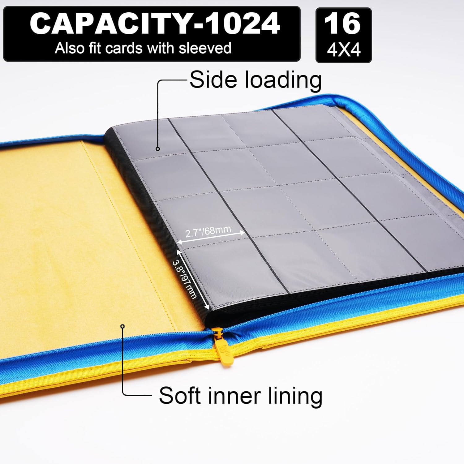 16 Pocket Trading Card Zip Binder, 1000+ Cards,TD-Tec Album Material, 32 Side-Loading Ringless Pages, Folder for Collectible TCG,MTG and More - Yellow & Ocean Blue(LE-100)