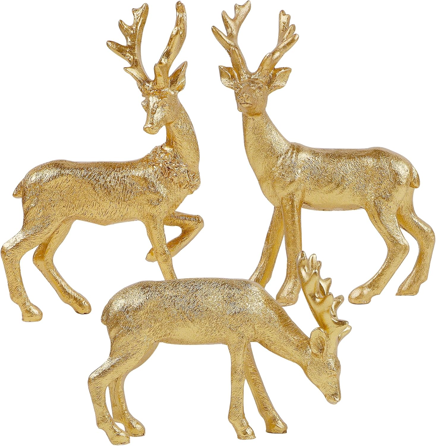 lulu home 3 pcs christmas tabletop decorations, resin golden reindeer family figurines with diverse postures, xmas holiday winter centerpieces ornaments for mantel shelf sill decor(peer(textured)) 3 peers with texture