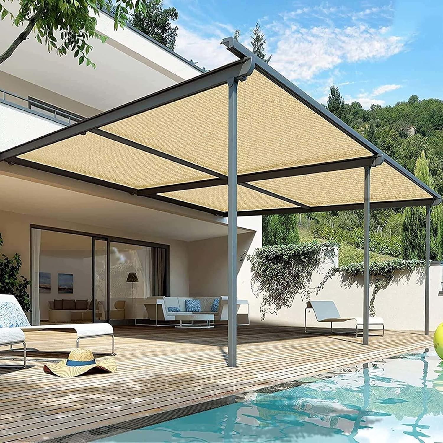 Beige Shade Netting,Shade Sails,Heavy Duty Shade Cloth,UV Resistant Fabric net,Weather/ageing Resistant,Shade Netting with Eyelets,2m,3m,4m,5m,6m,8m,9m,10m,WxH-3x3m(9.8x9.8ft)