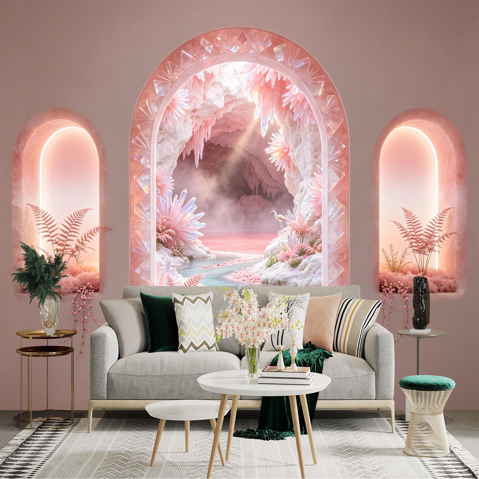 Custom Size Wall Sticker Mural， Pink Crystal Cave with Dreamy River and Soft Light Landscape， for wall Decoration， peelandstick wall Decals.