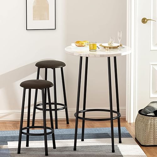Miniatura 3 de MIERES 3 piezas de comedor altura de encimera de cocina juego de mesa de bar moderno con parte superior de mármol sintético y 2 taburetes rincón de