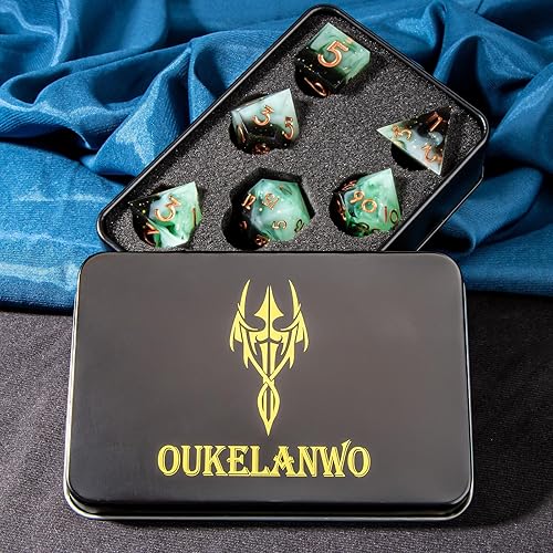Miniatura 6 de OUKELANWO Dados de Calabozos y Dragones con caja de regalo, 7 piezas de dados DND de resina de borde afilado D&D, dados poliédricos RPG D y D para