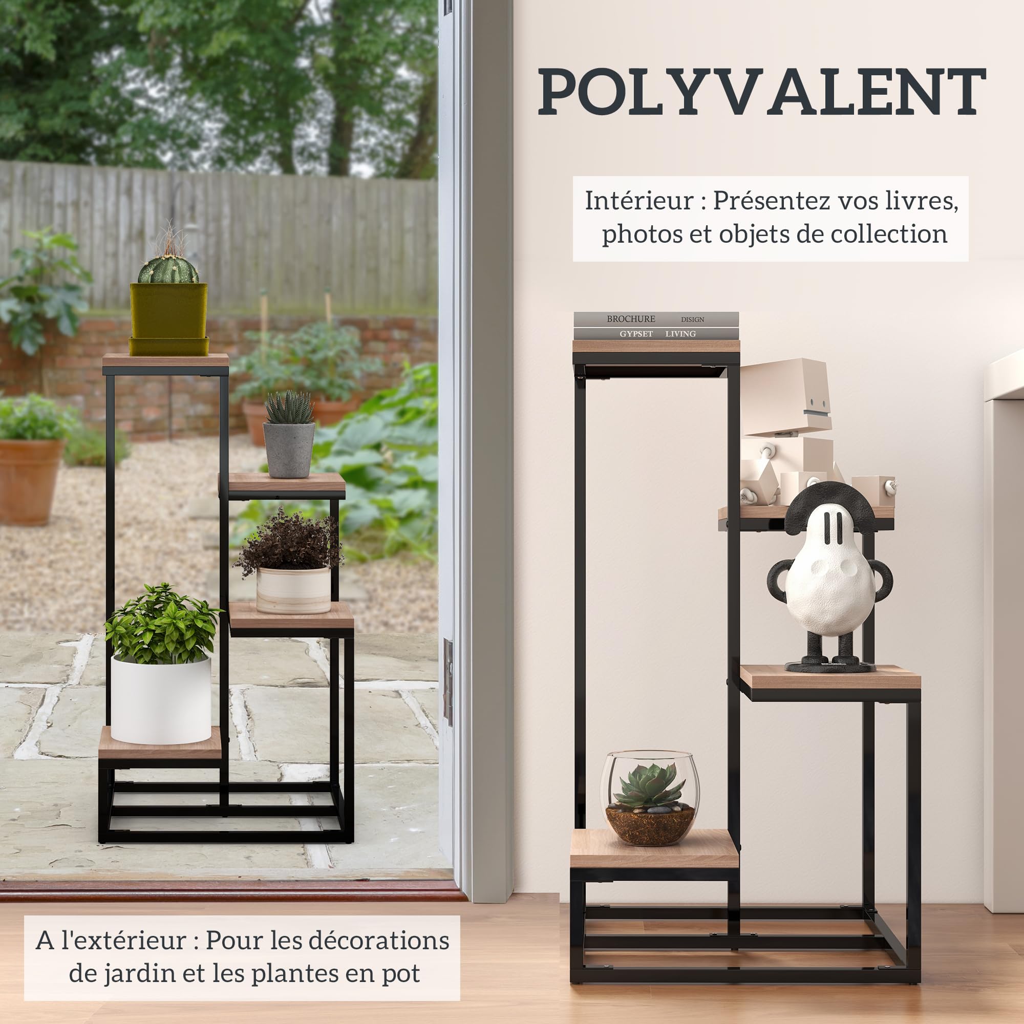 Outsunny Étagère à plantes, étagère à fleurs en bois et métal, 4 niveaux de différentes hauteurs, style industriel, 40 x 40 x 75,5 cm, noir et marron