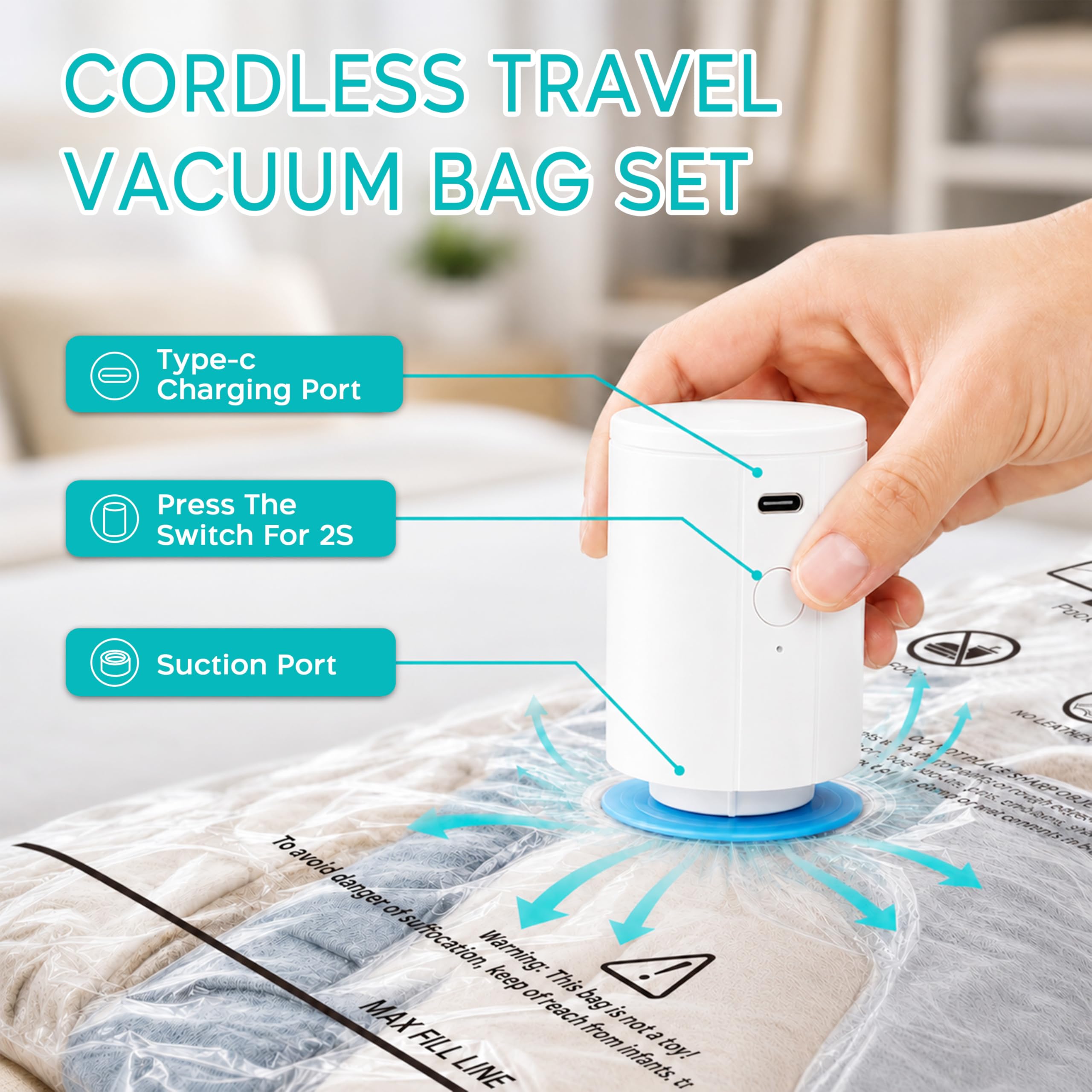 Confezione da 12 sacchetti sottovuoto da viaggio con pompa elettrica portatile, sacchetti salvaspazio per abbigliamento, sacchetti sottovuoto a compressione per coperte da viaggio (4 grandi