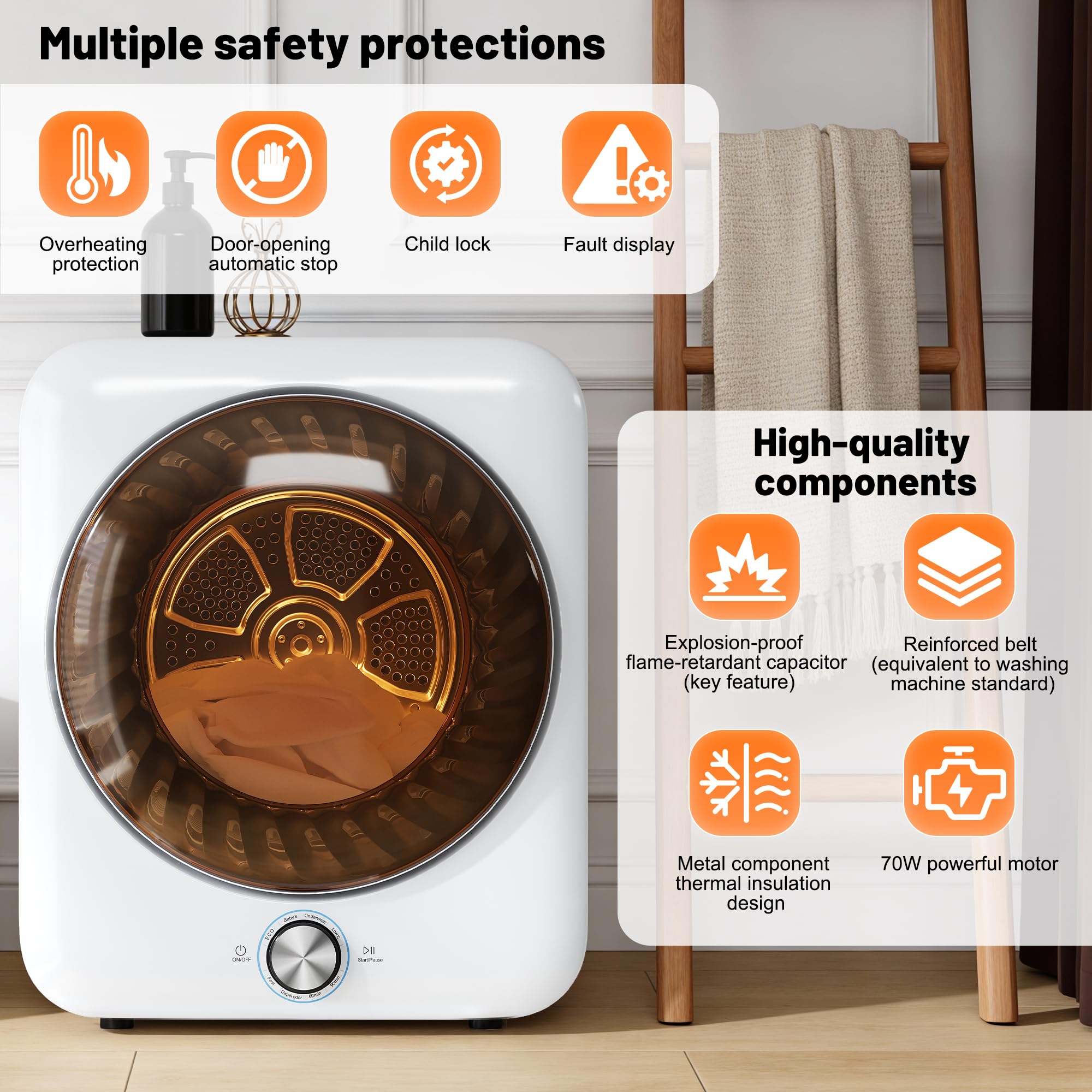 Sèche-Linge À Évacuation 3 Kg Silencieux Compact 8 Programmes Capteur NTC Double Filtration Lavable Installation Murale Pose Libre