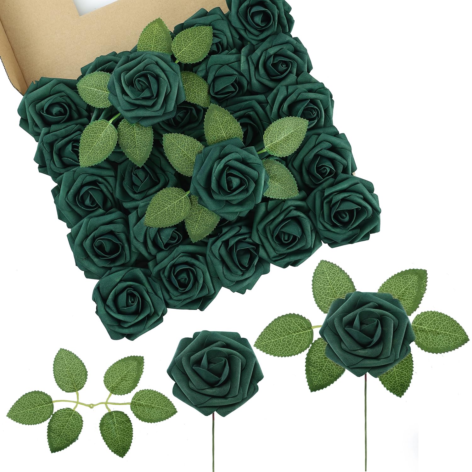 LEUCHTAMOR 50Pcs Artificial Roses Flowers Green Fake Roses Real Touch Foam Rose Heads for Wedding Bridal Bouquets Centerpieces Floral Arrangement Party Home Decoration