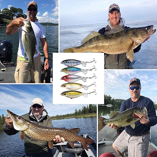 Miniatura 6 de Topwater - Señuelos de pesca para lubina, señuelos Whopper Popper con ojos 3D realistas y colas giratorias para agua dulce y salada, juego de 5