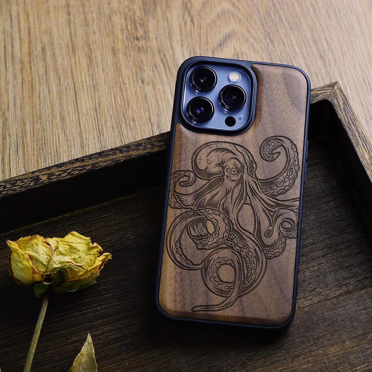 Carveit Magnetic Wood Case for iPhone 13 Pro Case [Natural Wood & Black Soft TPU] Unique & Classy Wooden Shockproof Protective Cover Compatible with MagSafe (Octopus Drawing -Walnut)