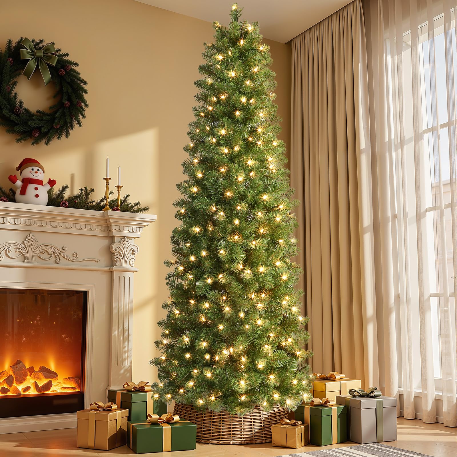 SHareconn Prelit Artificial Pencil Christmas Tree 7.5FT & Warm White Lights
