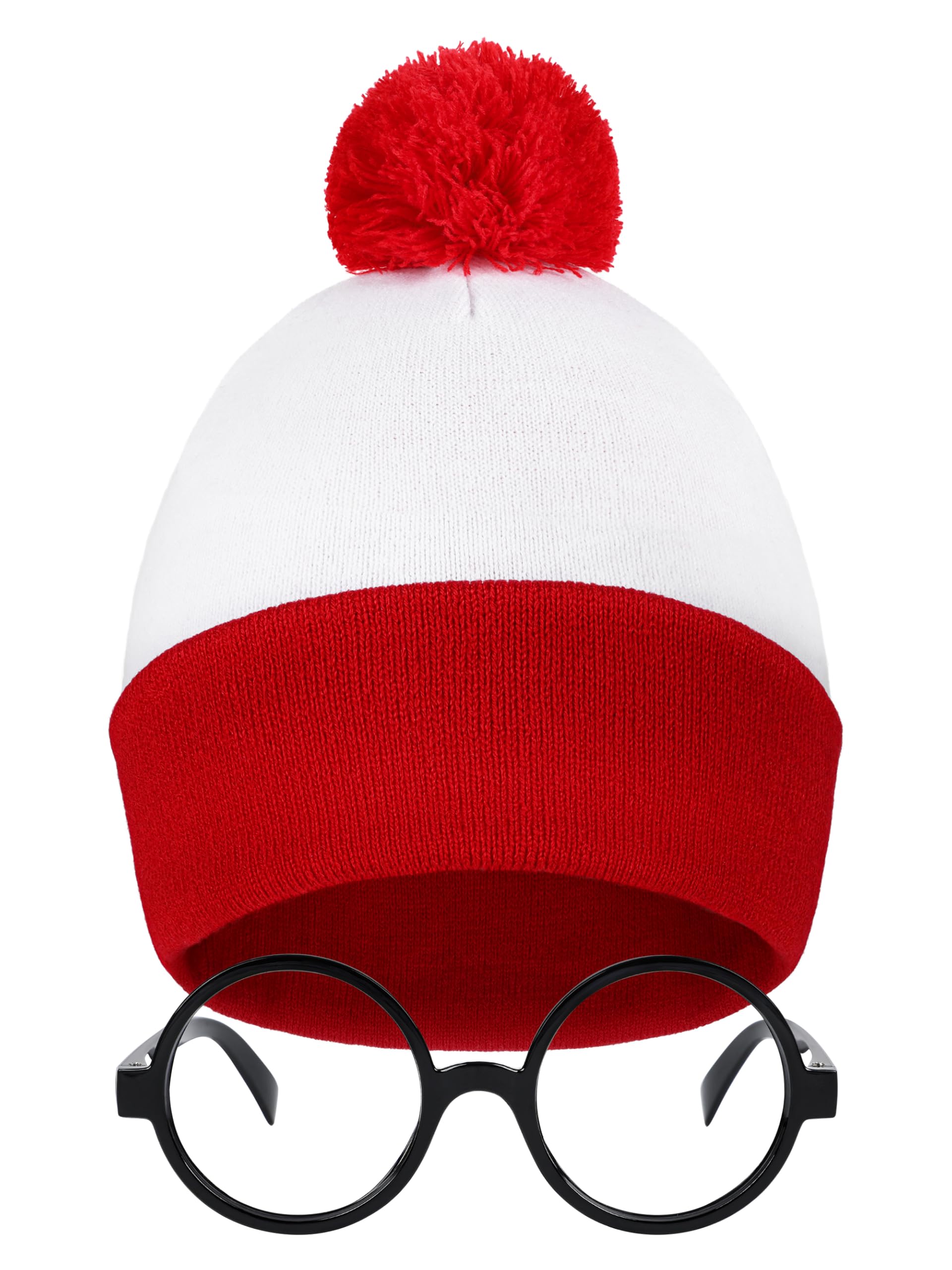 FancyFunKids Halloween Costume Red White Knit Beanie Hat with Pompoms Nerd No Lenses Glasses