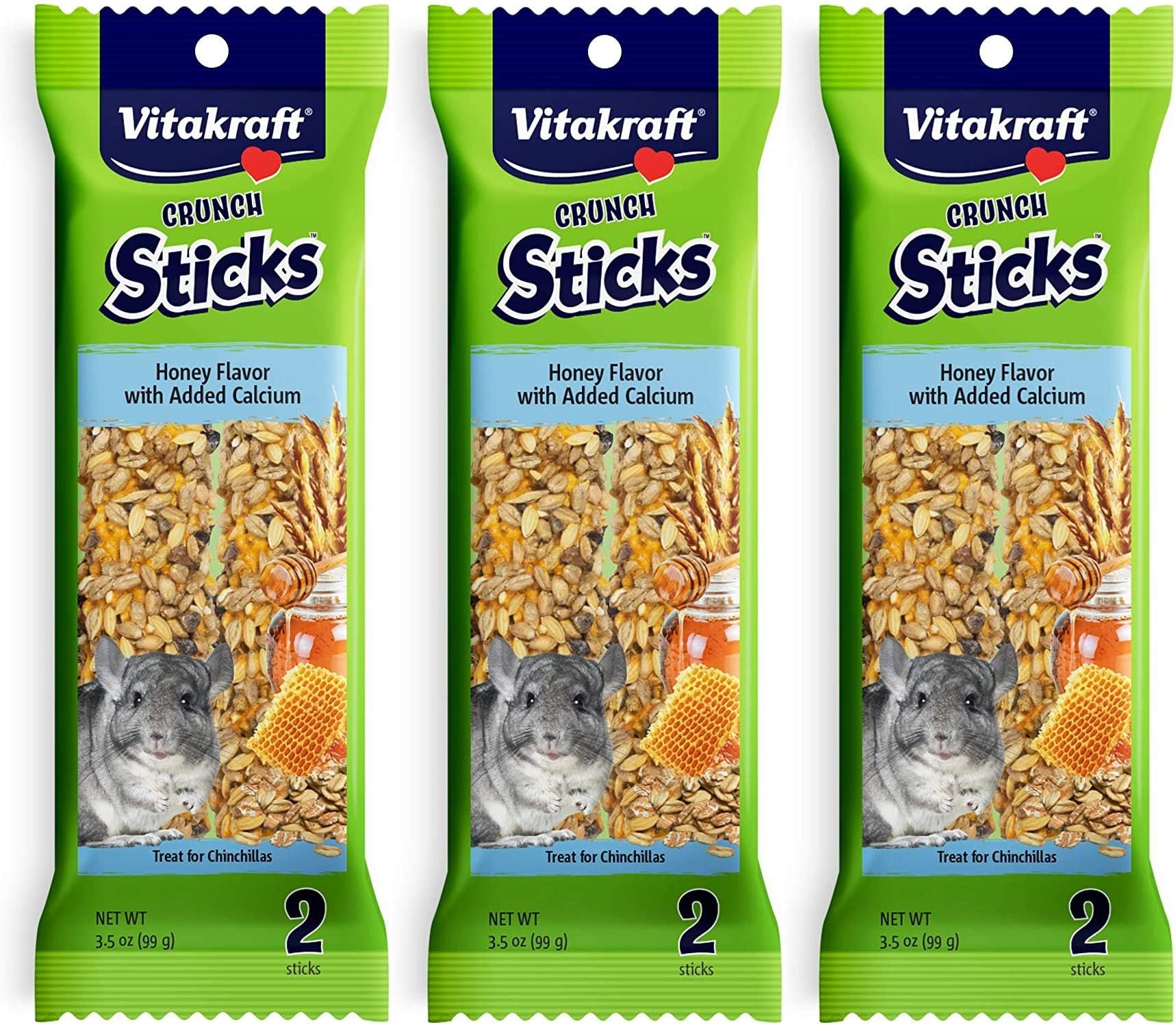 3 Pack of Honey Flavor with Added Calcium Crunch Sticks Chinchilla Treats, 2 Sticks Each
