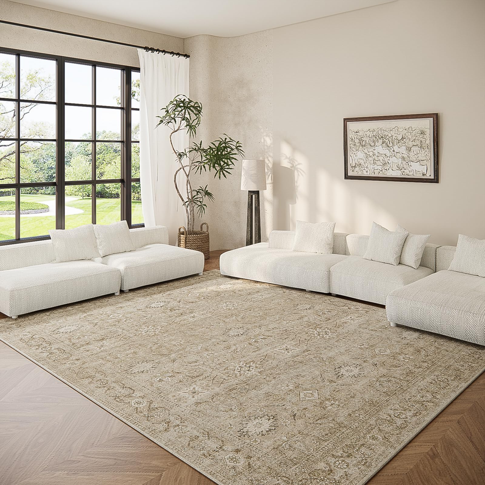 Washable Living Room Area Rugs: 6'x9' Large Rug Stain Resistant Distressed Vintage Boho Rug Non Slip Low Pile Faux Wool Soft Rug for Kitchen Dining Room Nursery Kids Playroom Farmhouse Bedside Bedroom