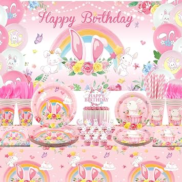 KEFAN Bunny Birthday Party Decorations, Rabbit Theme Party Tableware Supplies including Backdrop, Plates, Cups, Napkins, Tablecloth, Balloons for Birthday Party, Serves 20