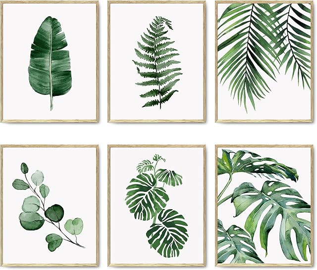 Green Botanical Wall Art Print Set of 6 Natural Plant Leaves Home Decor Aesthetic Bathroom Wall Art Canvas Posters Leaf Prints Poster Set (8"x10" UNFRAMED, Leaf Wall Art)