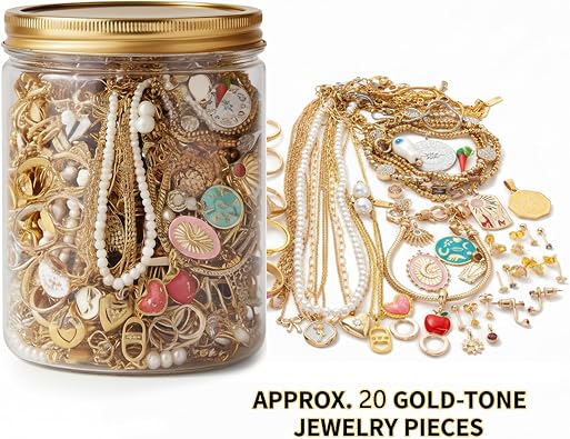 mystery jewelry jar vintage|20PCS Mystery Jewelry Jar Vintage, Gold Assortment Earrings, Necklaces, Rings, Hair Clips for Women, Gold