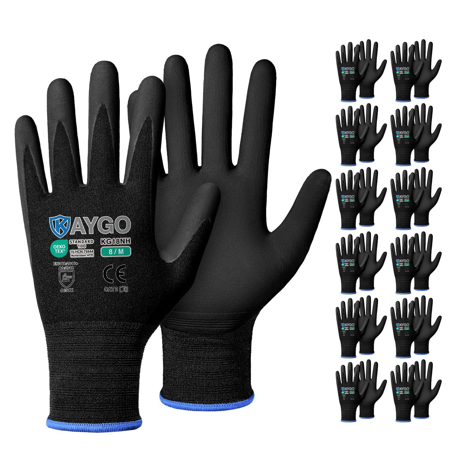 KAYGO Safety Work Gloves MicroFoam Nitrile Coated, 12 Pairs KG18NB,Seamless Knit Nylon Glove with full fingers Touchscreen, Ideal for Automotive,