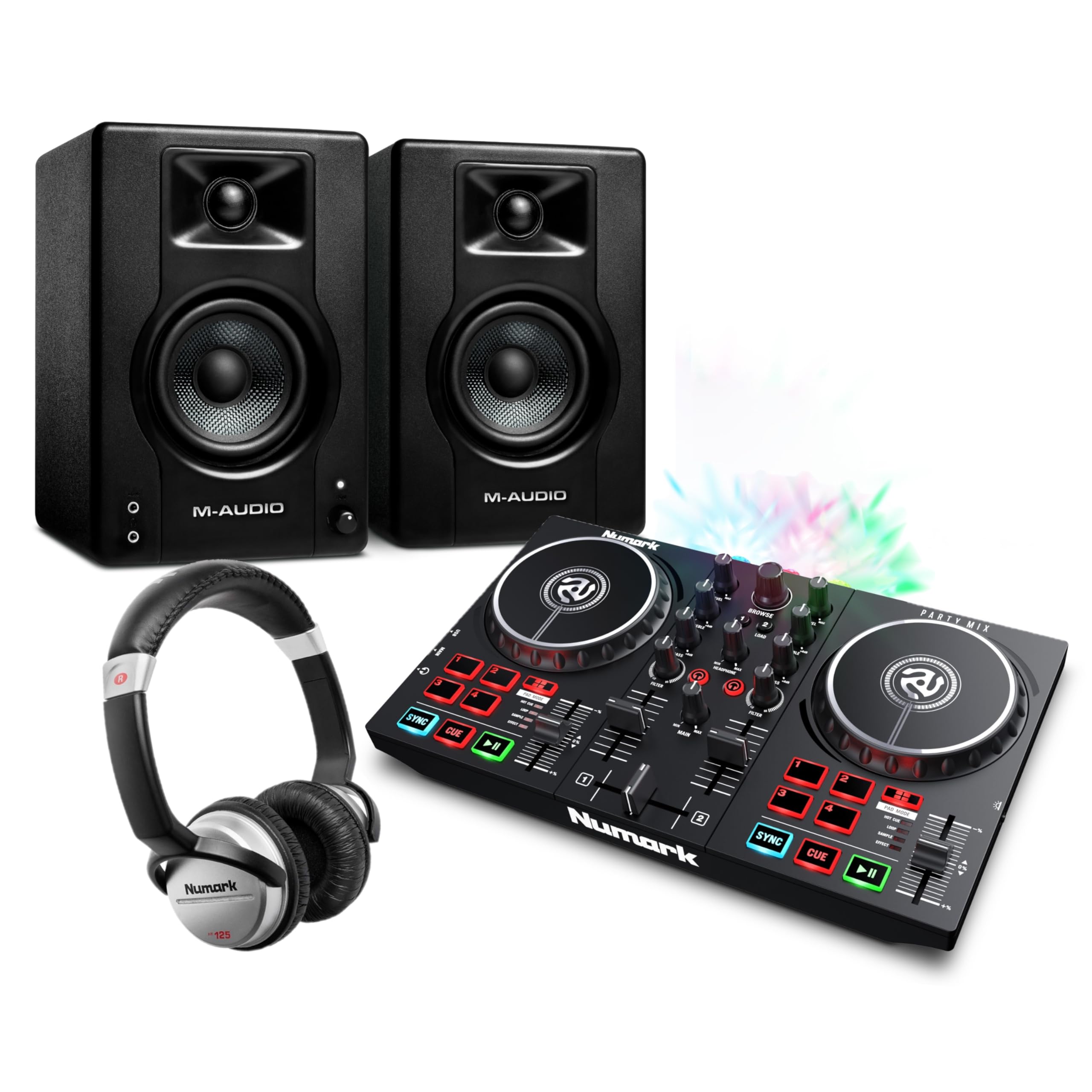 DJ Set para principiantes - Controladora DJ Party Mix II con auriculares HF125 y monitores de estudio BX3 de M-Audio