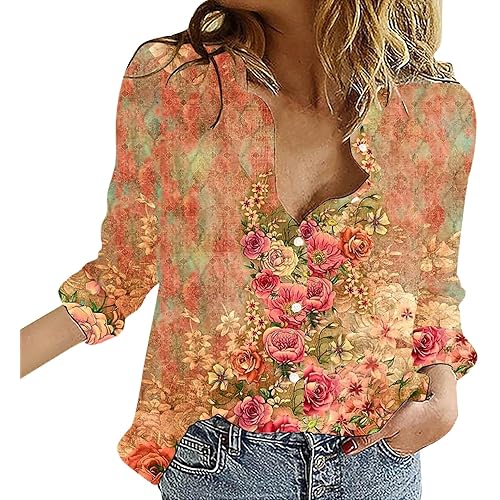 Linen Shirts for Women,V Neck Roll Up Sleeve Button Down Blouses Tops Casual Floral Print Long Sleeve Work Shirts