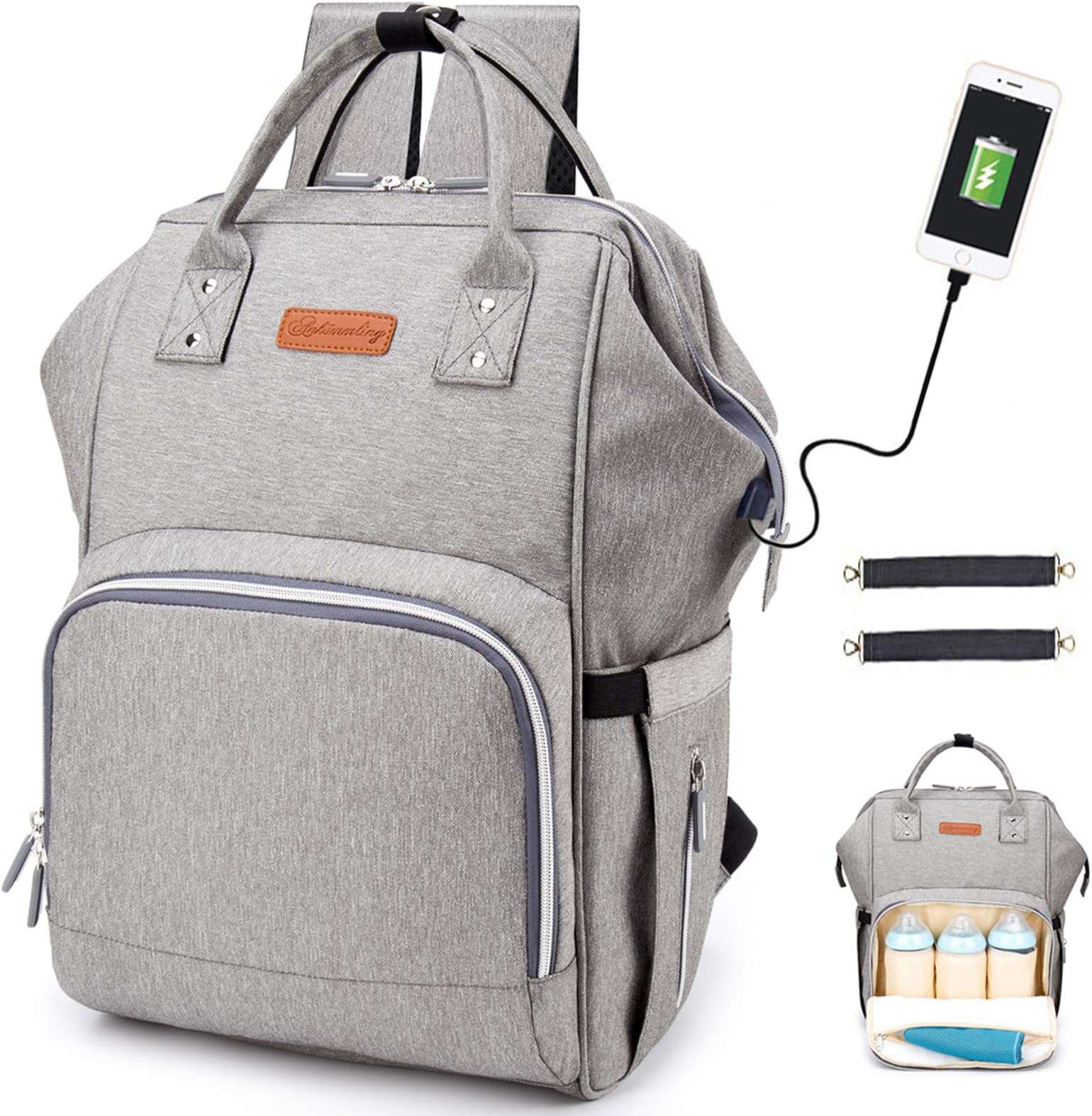 Diaper Bag Backpack, hopopower Multifunction Travel BackPack with USB Charging Port Insulated Pockets Maternity Baby Nappy Bag School Work Everyday Carry Bag, Waterproof and Stylish, Gray