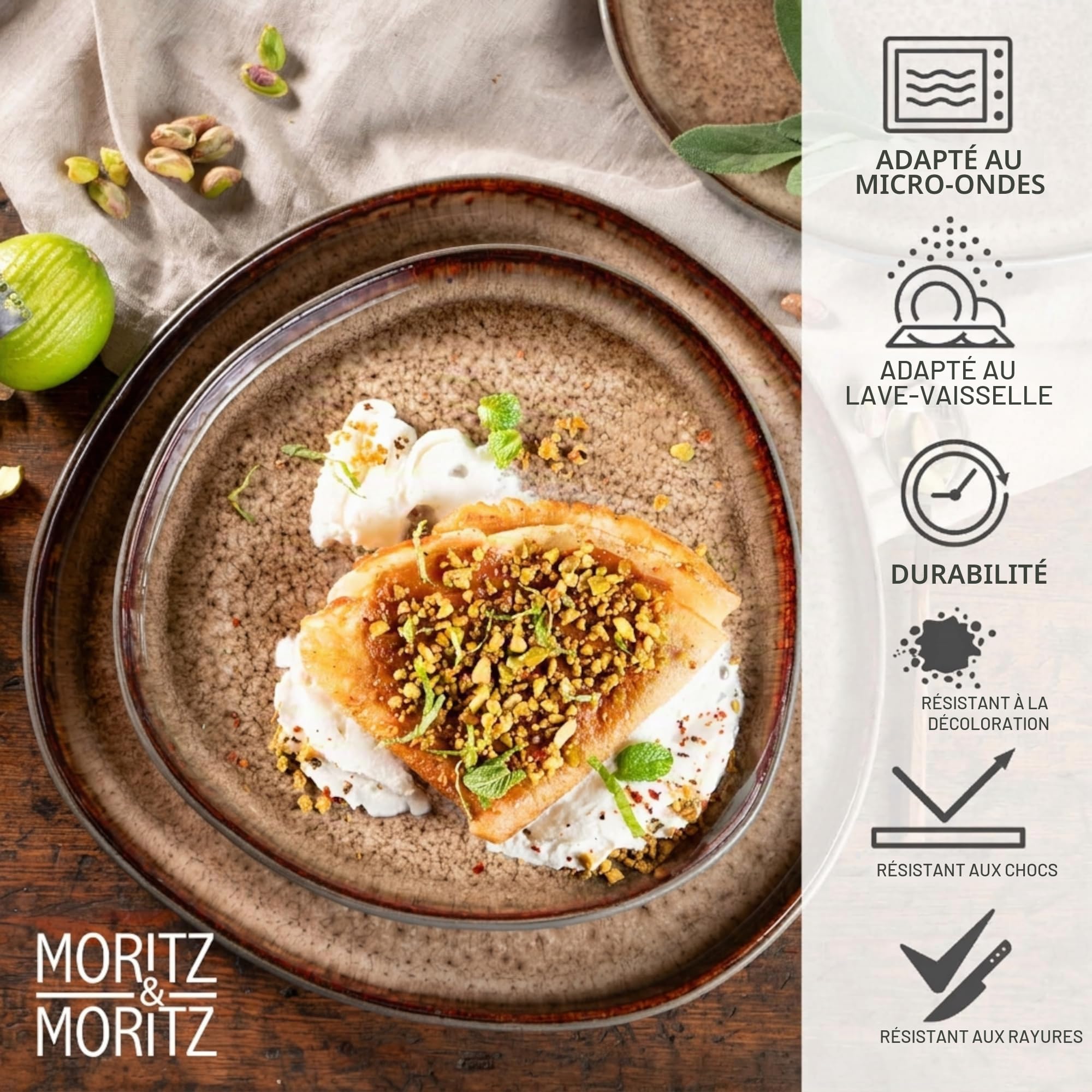Moritz & Moritz Organic Service de table 18 pièces pour 6 personnes Beige – Assiettes élégantes en grès de qualité supérieure – Service de vaisselle pour 6 personnes composé de 6 assiettes à dîner, 6