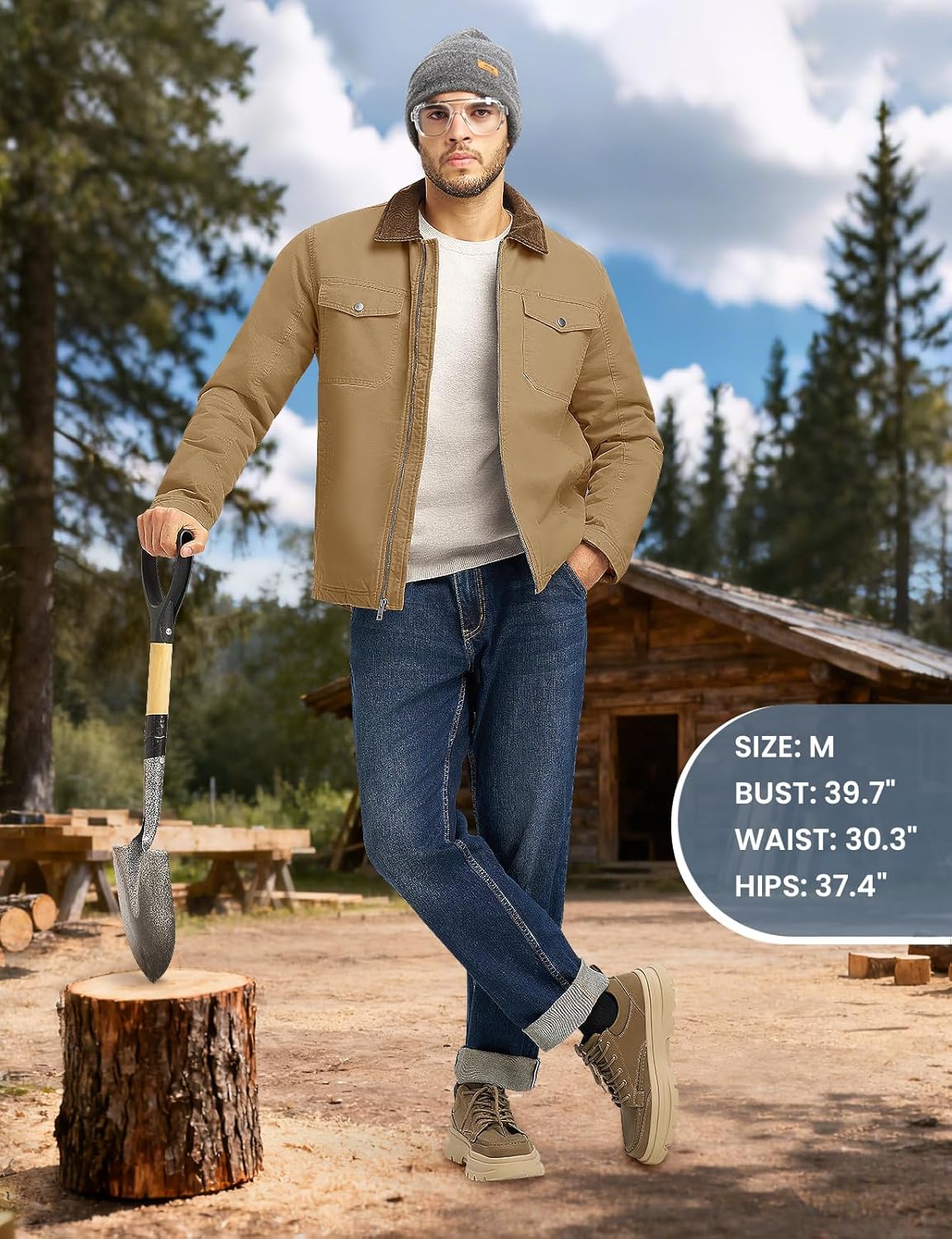 TBMPOY Men's Winter Canvas Jacket Thick Sherpa Fleece Lined Trucker Work Utility 5 Pockets Cotton Warm