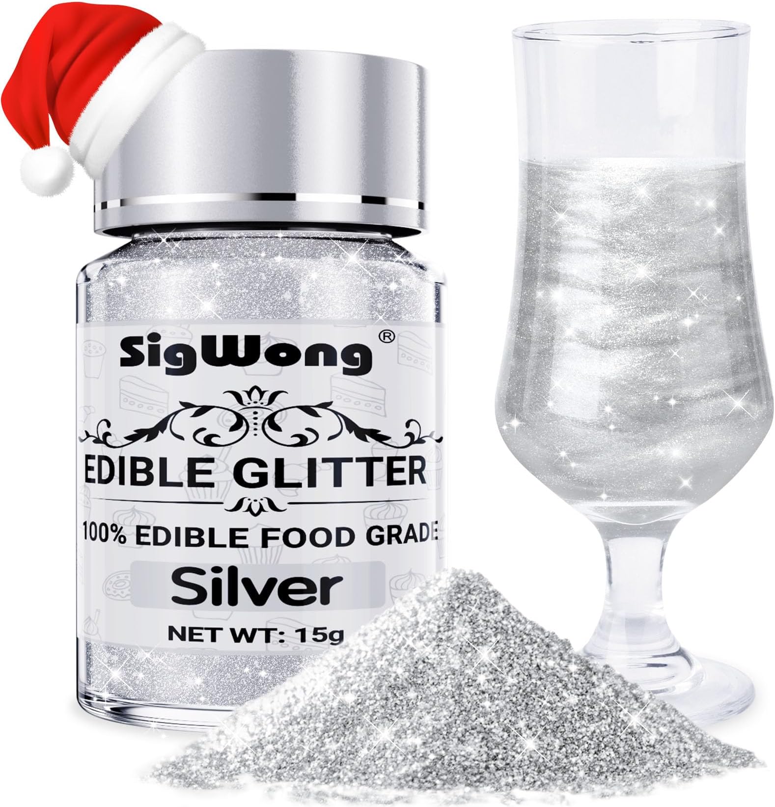 Silver Edible Glitter - 15g Food Grade Luster Dust Powder, Cake Decorating Sprinkle Glimmery Dust for Drinks, Wine, Fondant, Chocolate, Candy, Cookie, Vegan