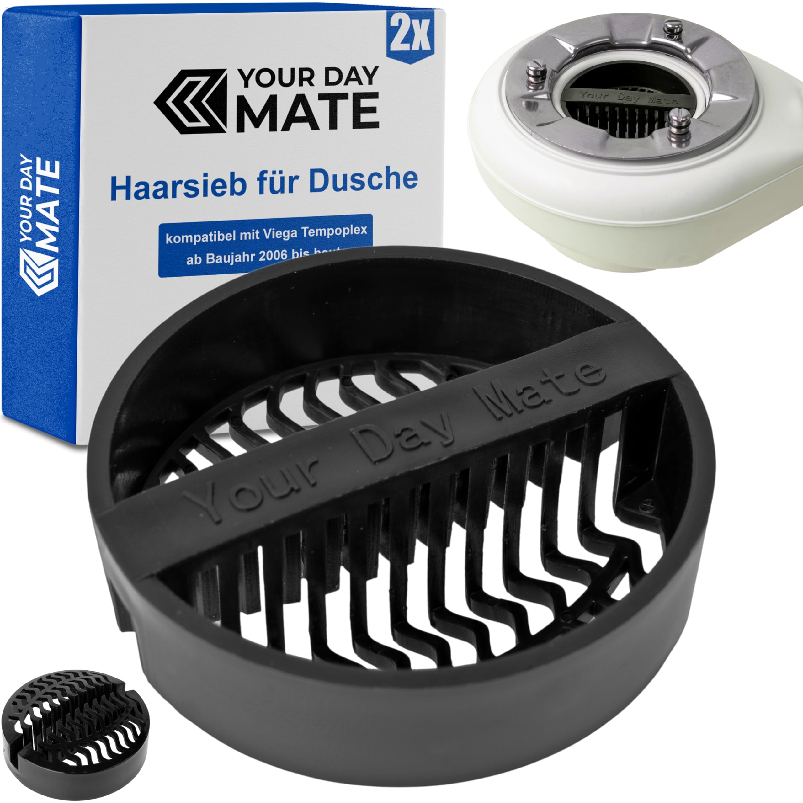 Haarsieb für Dusche, 2 Stück, in Schwarz, kompatibel mit Viega Tempoplex ab Baujahr 2006 bis heute, Ersatz Tauchrohr Haarfänger Dusche für Modell 6961.96, 582 951, Haarfilter Siebeinsatz Ablauf Siphon