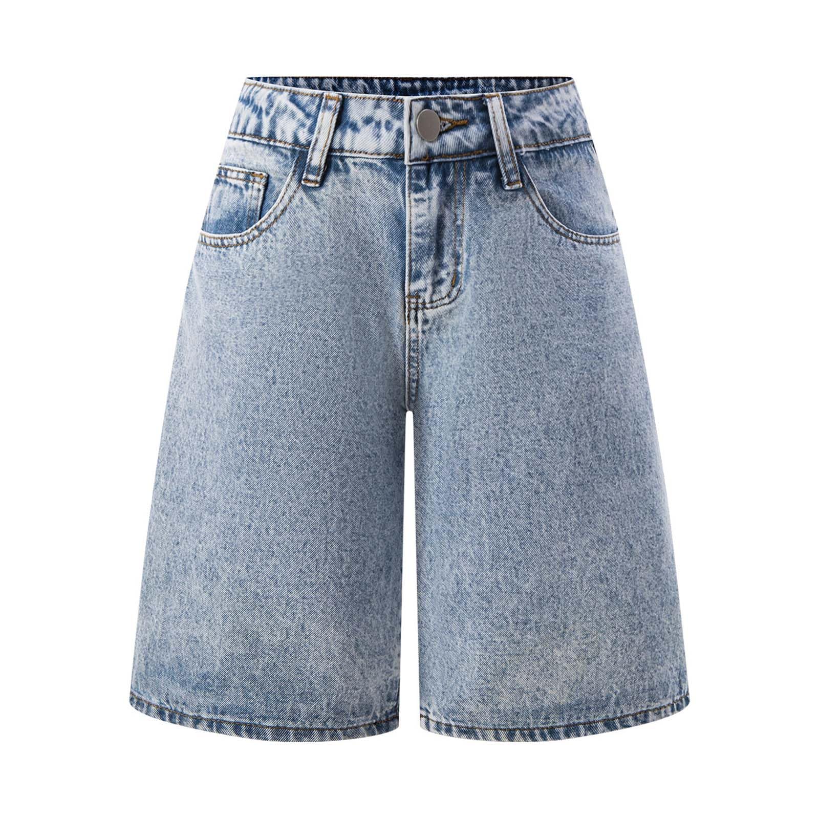 Short Jean Fille Bermuda D'été Décontracté à Jambe Large Taille élastique Short Mi-Long Taille Haute Ete Shorts et Bermudas Jeans Rétro Coupe Ample Confortable Baggy Shorts Jean pour Adolescentes