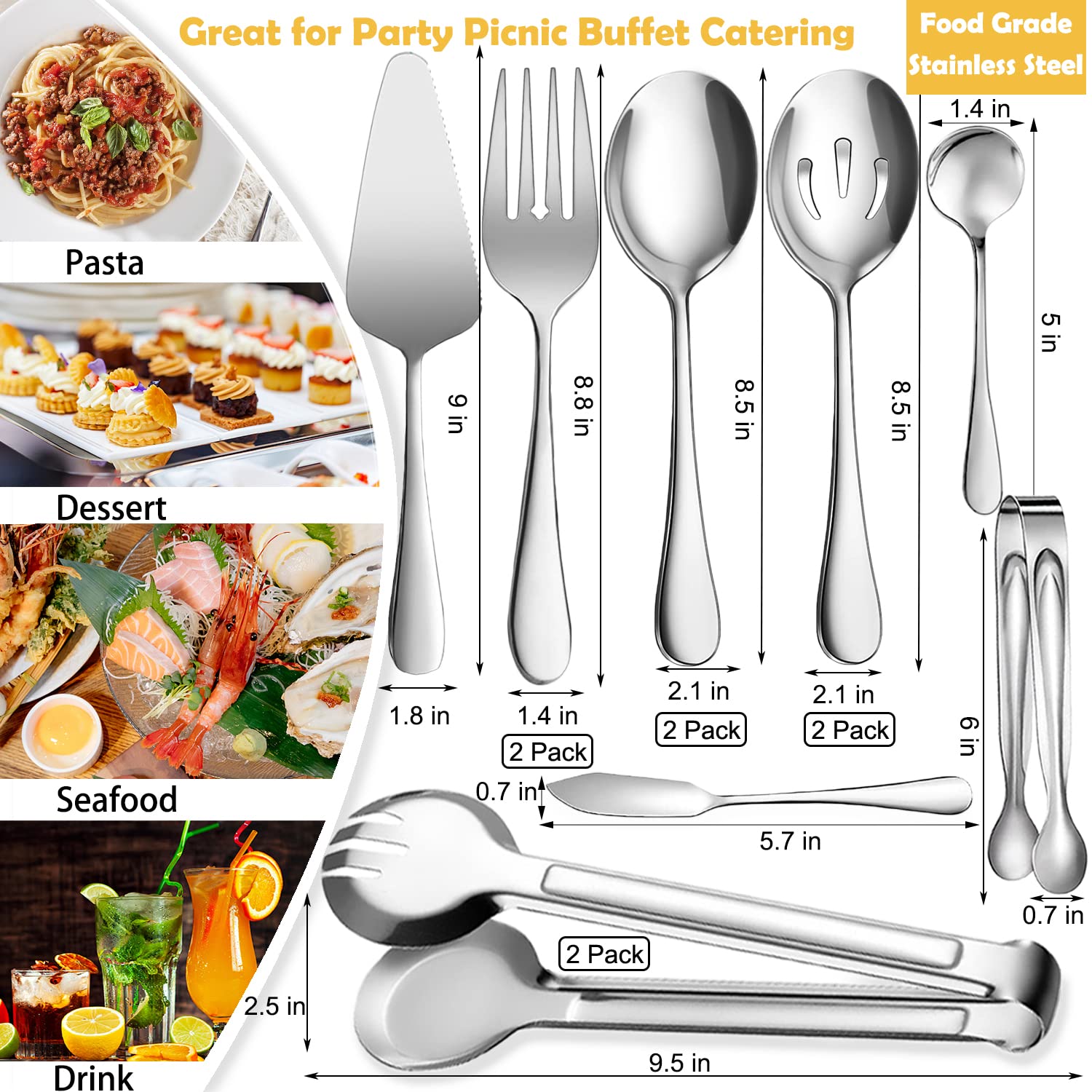 12 utensili da portata in acciaio inox, grandi cucchiai scanalati, forchette pinze, pinze per zucchero, torta, coltello da burro, cucchiaini da caffè, ideali per buffet, catering, banchetti,