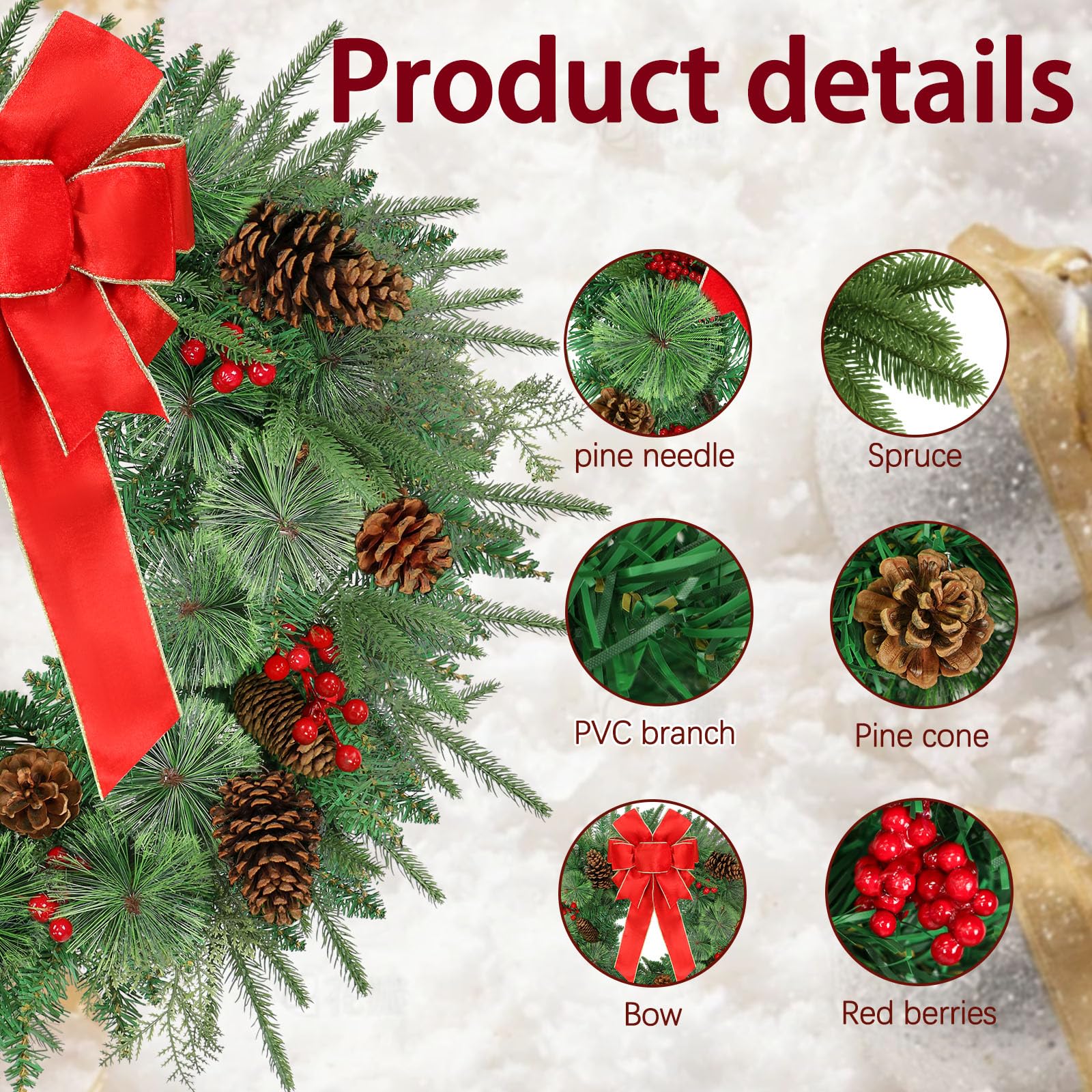 Decoraciones de corona de Navidad de 24 pulgadas, coronas artificiales con 50 luces LED, 8 modos y temporizador, funciona con pilas, 144 puntas de PVC, lazo rojo grande, conos de pino, bayas para