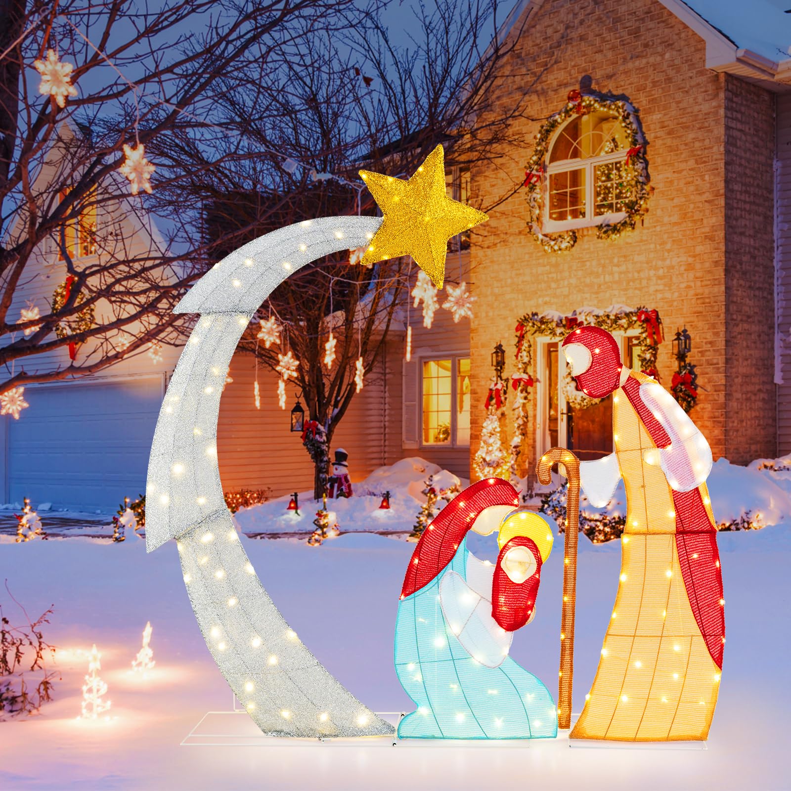GOPLUS Belén de Navidad Exterior de 151cm, Adornos Navidad Exterior y Interior, Figuras de Portal de Escena con 140 Luces LED, luz Blanca cálida para Balcon (Jesús 151 CM)