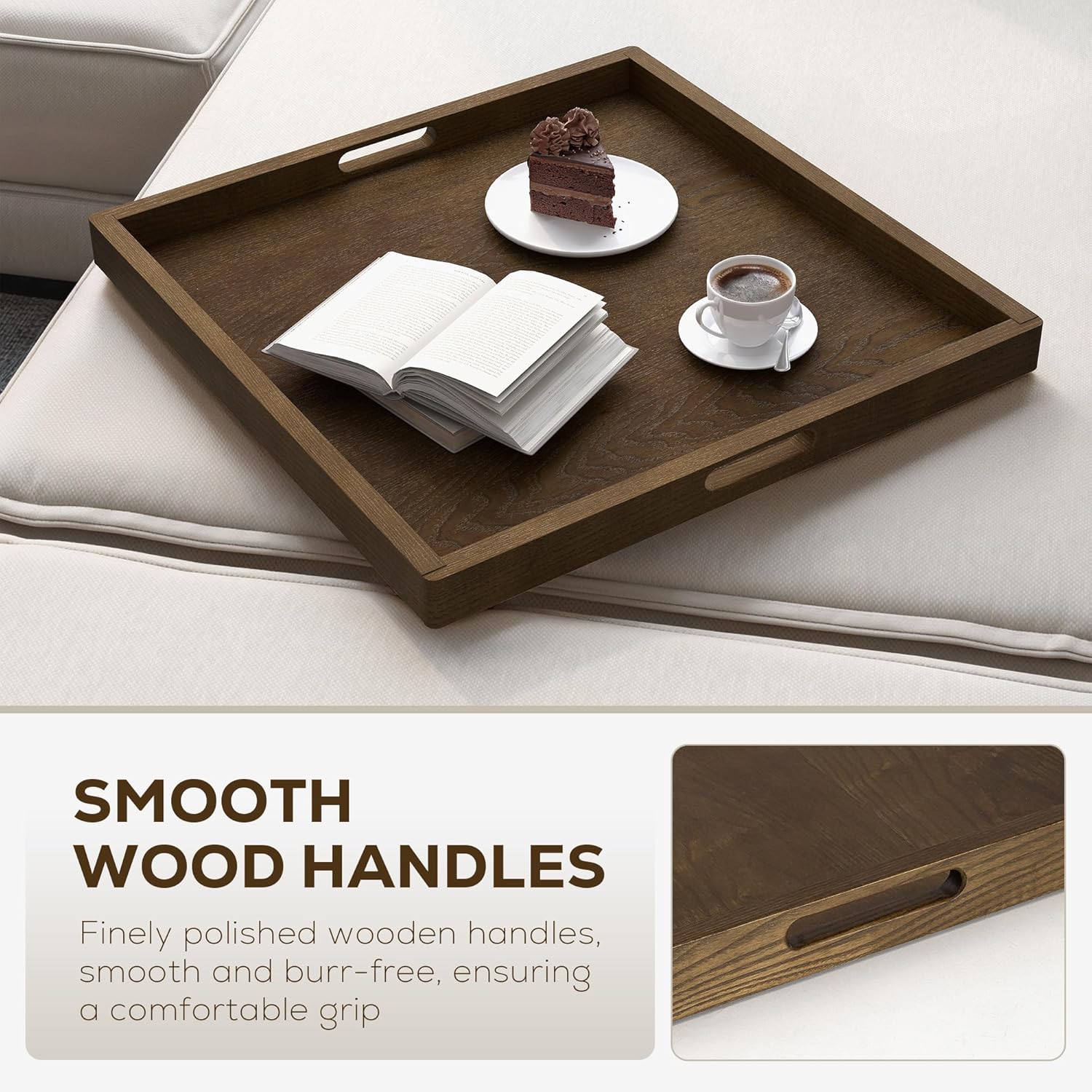 Axeman 22 Inch Large Square Wooden Ottoman Tray for Living Room|Extra Large Serving Tray with Handles for Coffee Table, Breakfast|Decorative Wood Tray for Ottoman Couch Sofa Kitchen|Walnut