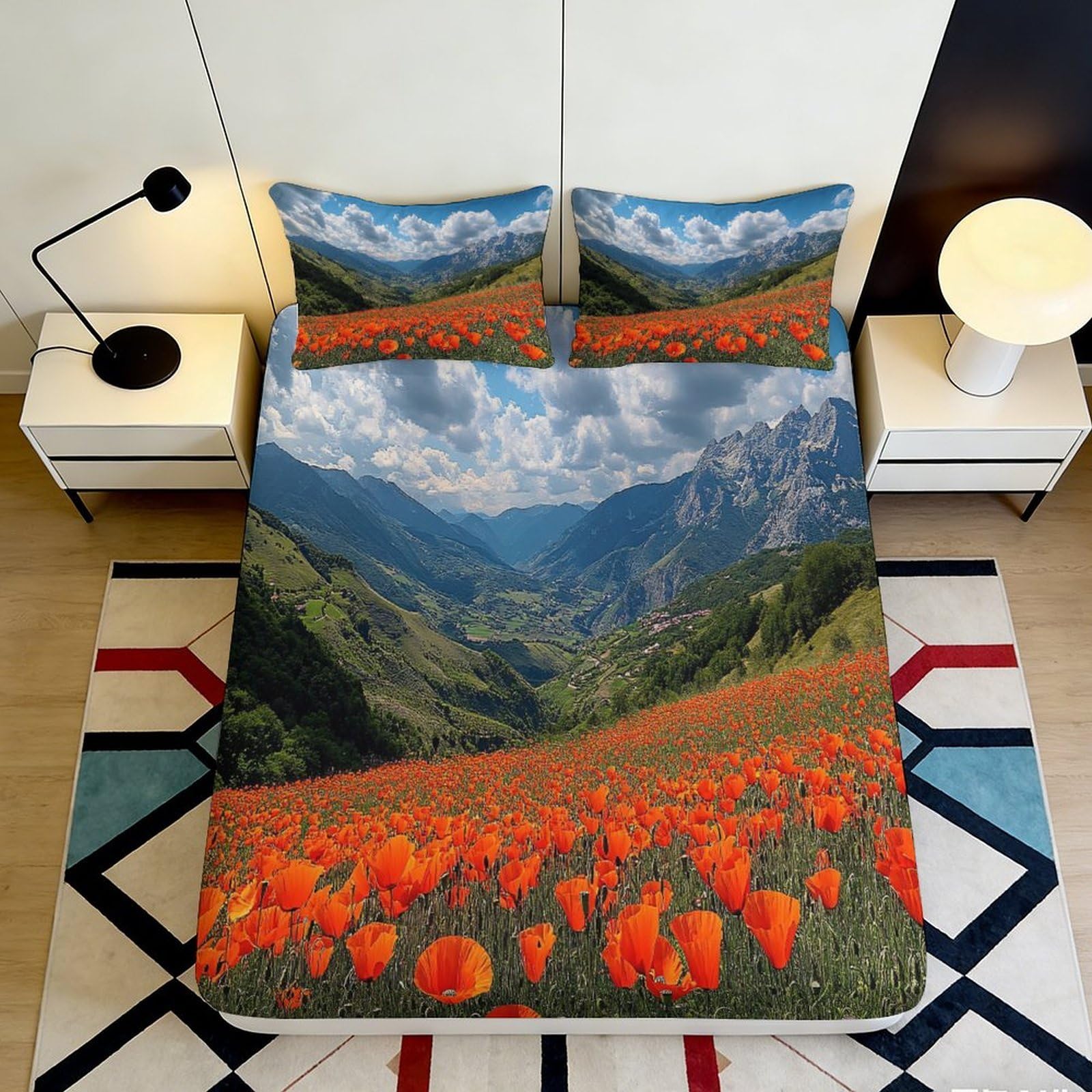 3D Printed Mountain Landscape Fitted Sheet Microfiber Orange Poppy Field Mattress Cover for Bedroom Decor 90x200x25cm