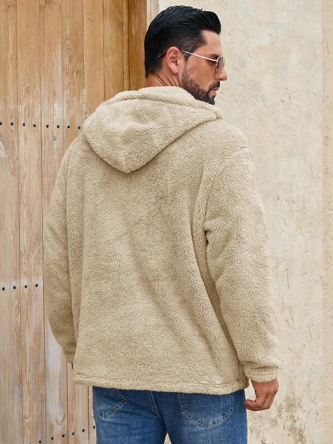 Runcati Mens Fuzzy Sherpa Hoodies Pullover Quarter Zip Long Sleeve Sweatshirts Fall Winter Outwear Casual Fleece Hooded - Image 3