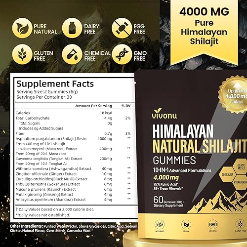 Miniatura 8 de VivoNu Shilajit for Men & Women Gummies  4000mg High Potency 10-in-1 Formula with Pure Himalayan Shilajit, Ashwagandha, and 75% Fulvic Acid