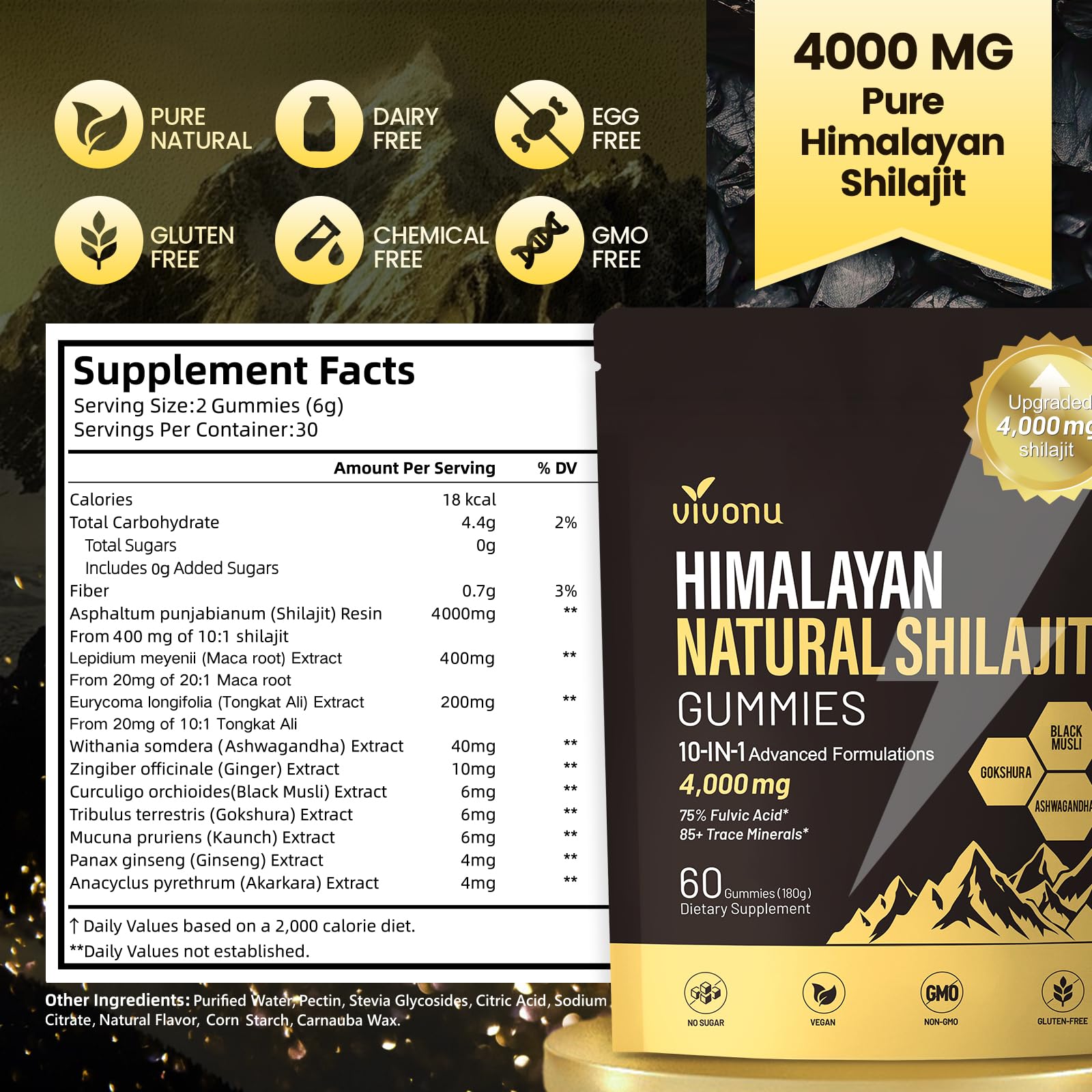 VivoNu Shilajit Gummies | 4000mg | mit Ashwagandha & Himalaya-Shilajit | 60 vegane Gummibärchen für Energieschub und Stärkung Vitalität | Ohne Zusätze (60 Stück)