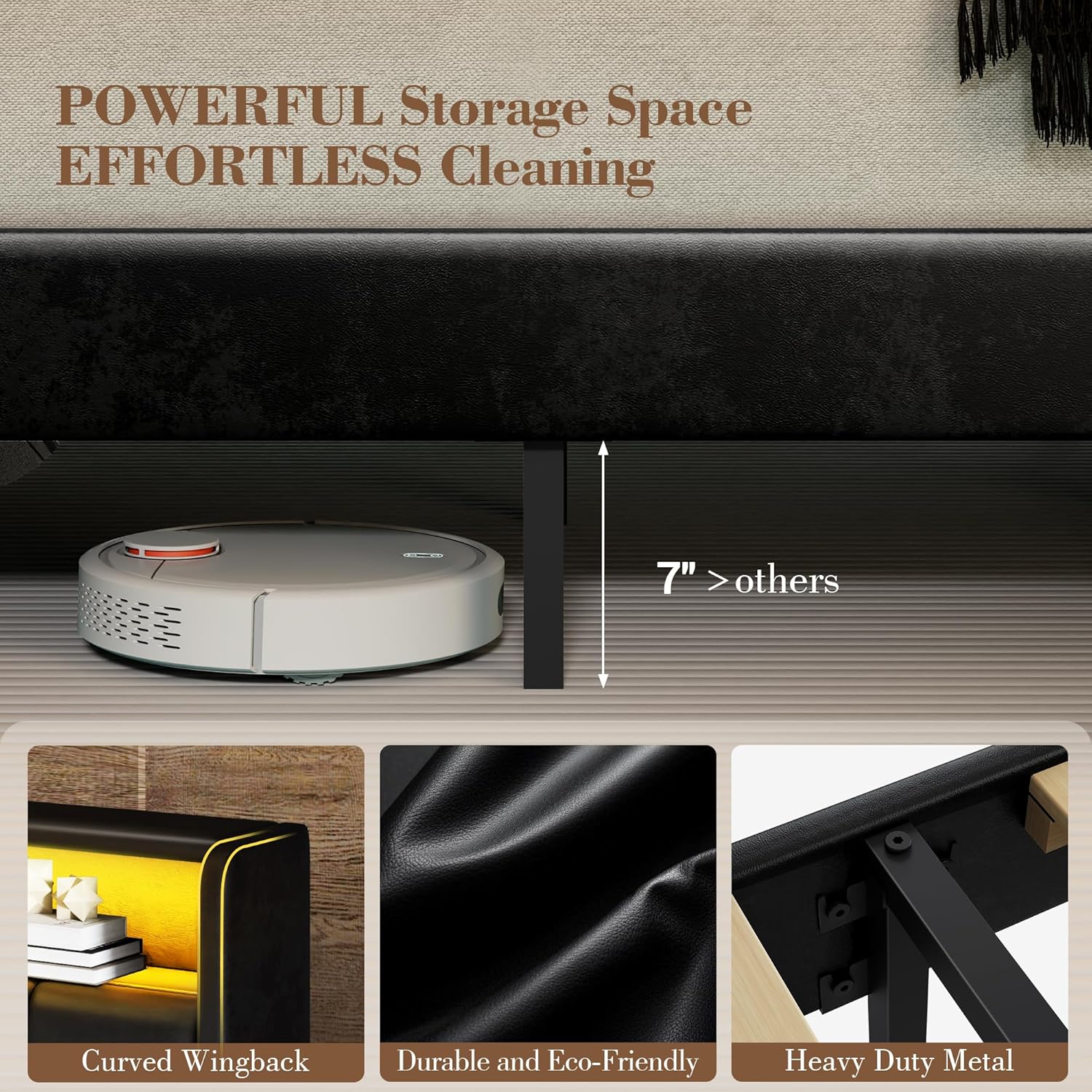 Queen Bed Frame, Leather Upholstered Headboard with LED Lights and Charging Station, Heavy Duty Wood Slats No Box Spring Needed - Easy Assembly and Noise Free - Image 8