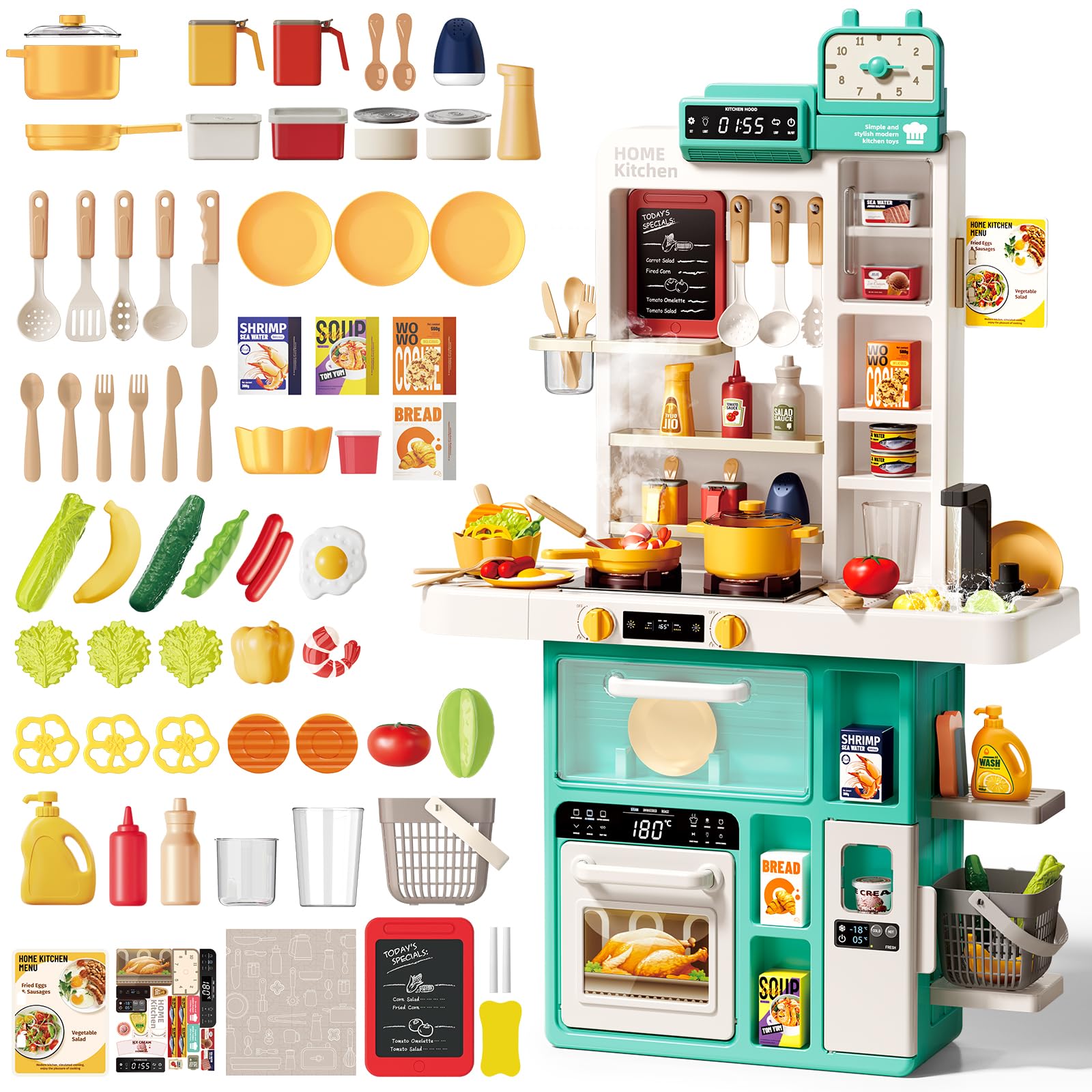 deAO Cocinas Infantiles, 69 PCS Cocina Juguete, Grifo Agua, Luces y Sonido | con Vajilla, Comida, Fregadero, Cocina de Vapor, Horno, 54x21x88 cm, Plástico Seguro, Regalos para Niños +3 Años, Verde