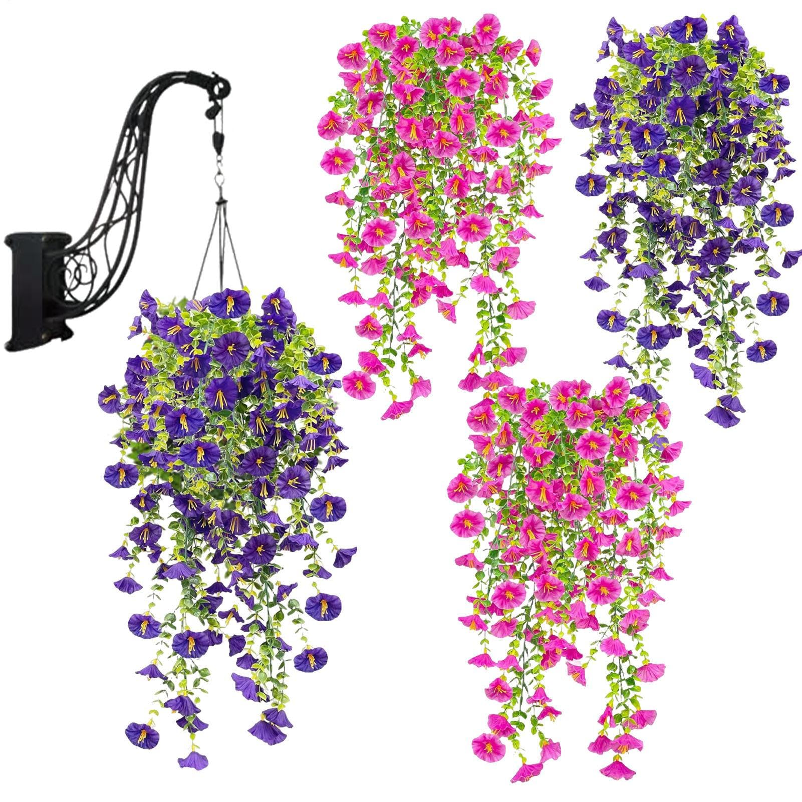 Petunias artificiales para exterior: pack de 4 ramos de flores sintéticas para balcón