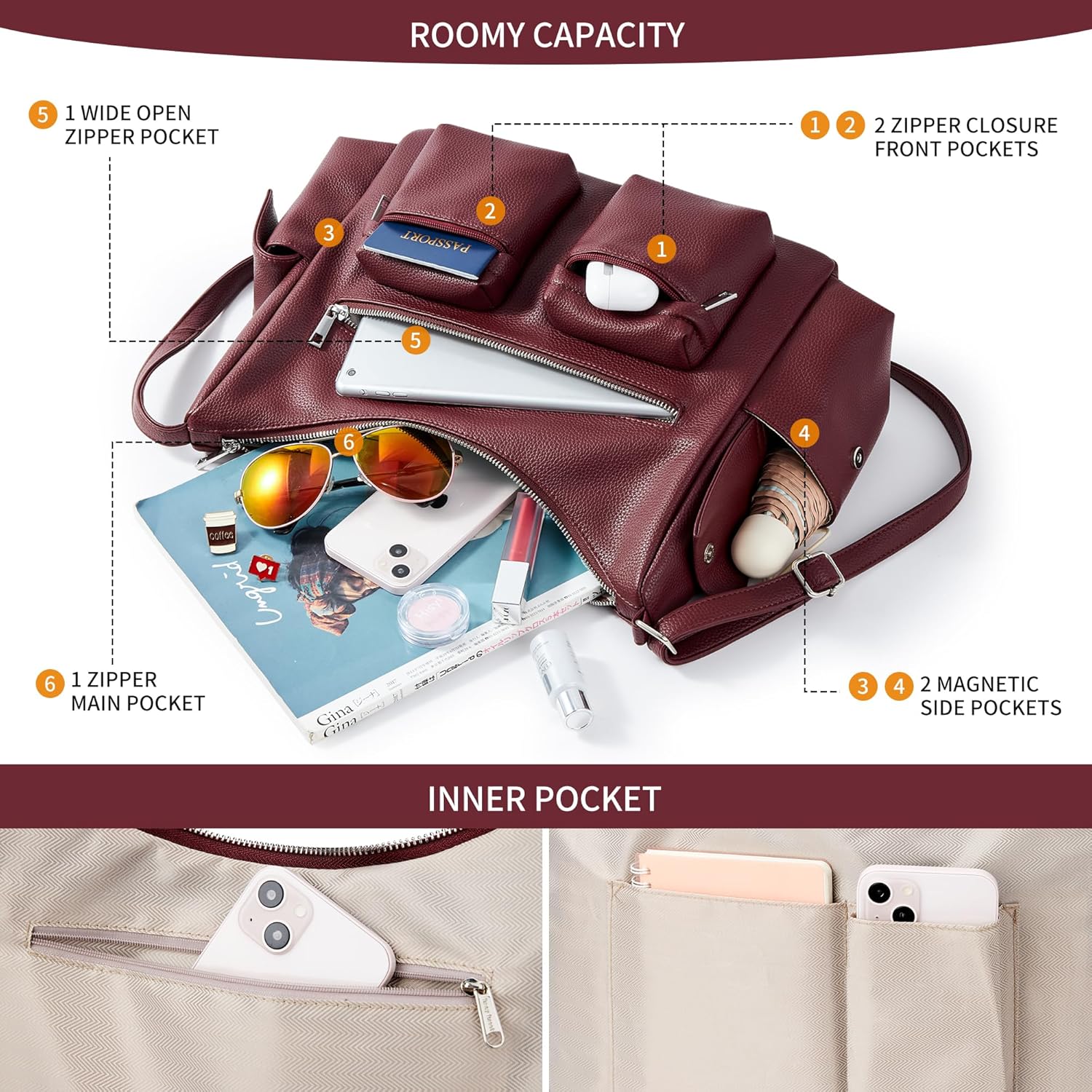 KALIDI Crescent Y2K Shoulder Bag Casual Vintage Punk Vegan Leather Purse Tote Zipper Pockets Hobo Crossbody Bag Work Travel - Image 5