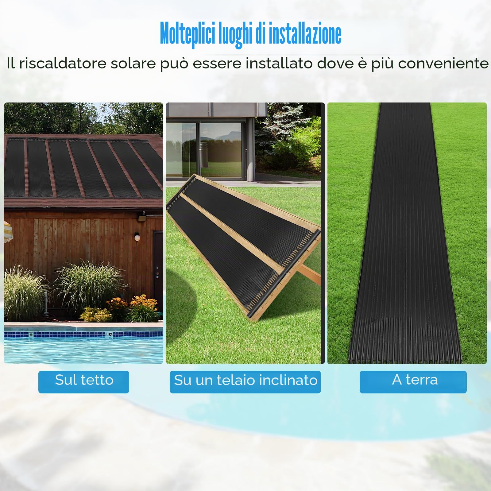 SOARS Riscaldatore Solare, Set di 2 Pannelli Solari per Piscina Fuori Terra, Materiale PE di qualità, Set di Accessori Completi, per Piscina Fino a 12000L di Acqua, Nero (3 x 0,75 m)
