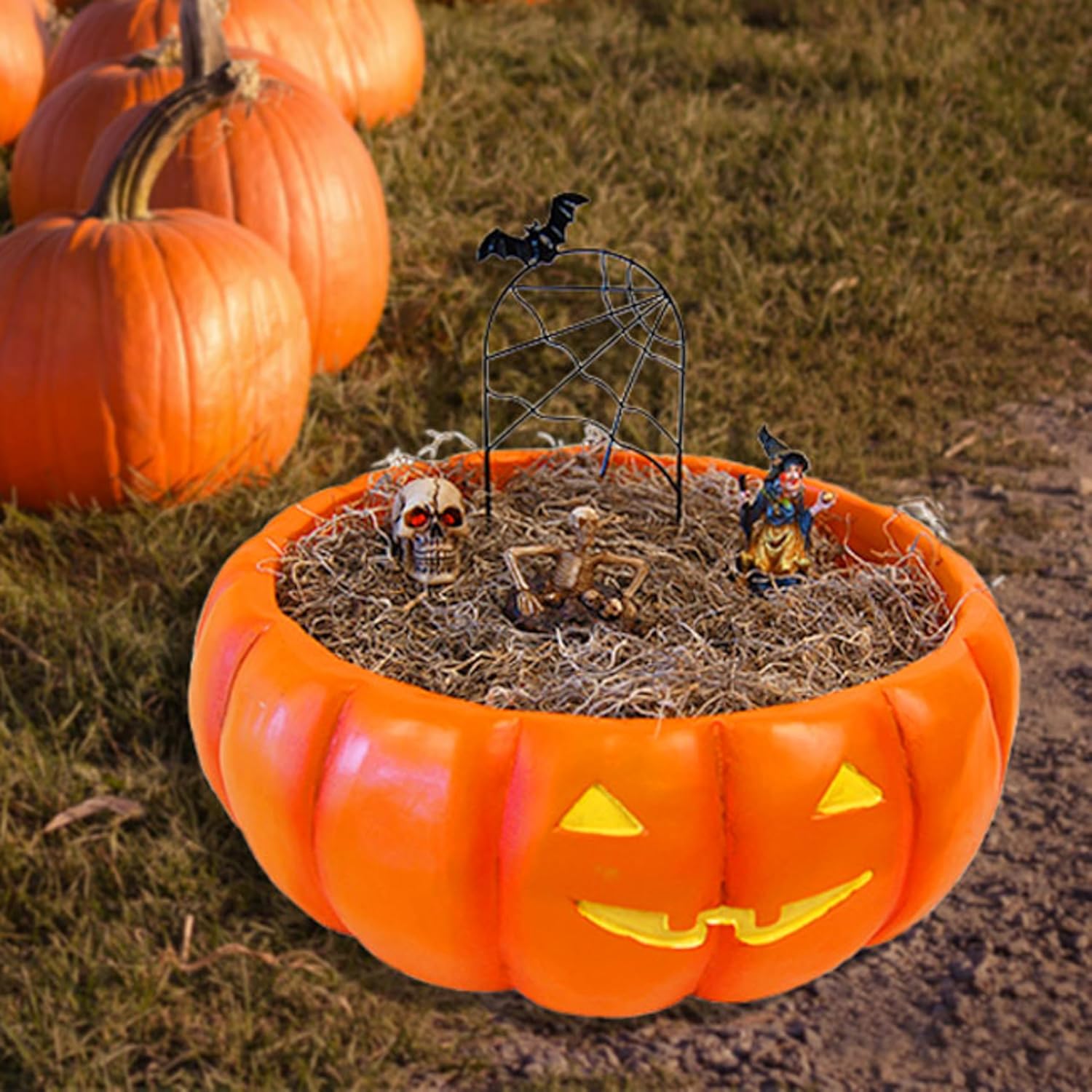 BestNest Spooky Halloween Fairy Garden Kit, Resin Jack O Lantern Bowl with Skull, Witch, Skeleton, Bat Trellis and Spanish Moss, Indoor Outdoor Mini Halloween Decor Set