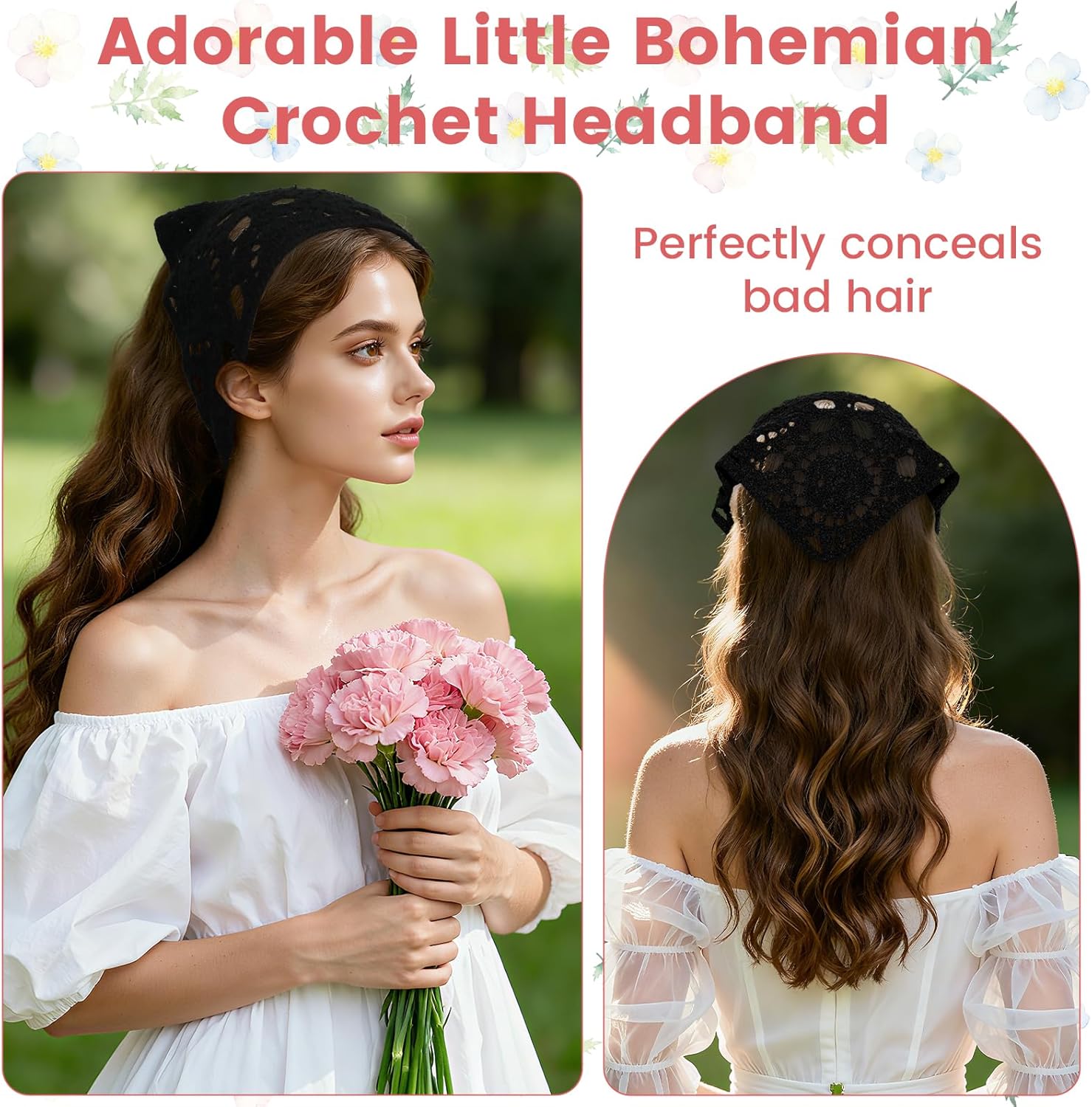 4 Pack Crochet Bandana Headbands, Soft Lightweight Crochet Triangle Head Scarf, triangle head scarf hair bandanas, Boho Style Triangle Shawl, Crochet Bandana Head Kerchief Hair Scarf (21.26x10.23 In) - Image 4