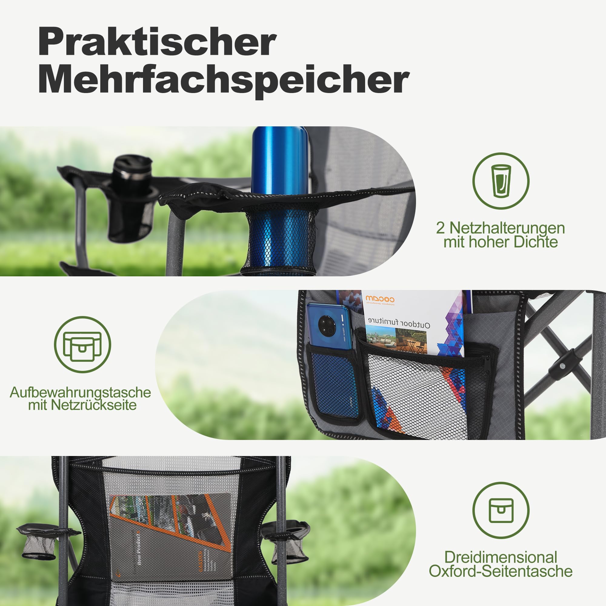 LET'S CAMP Netzrücken Campingstuhl Tragbar Klappbar Campingstuhl Faltbar Camping Stuhl mit Getränkehalter Tragetasche für Camping, Angeln, Wandern bis 150kg