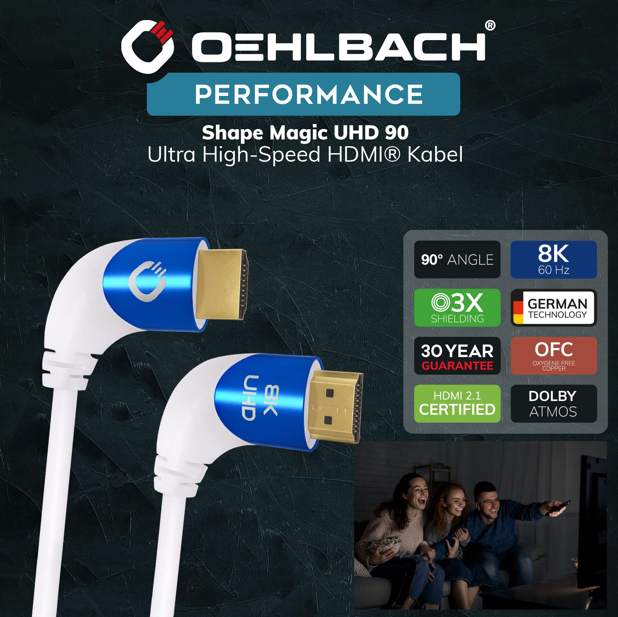 OEHLBACH Shape Magic 90 UHD - Cable HDMI 8K Ultra High Speed 2.1 - Certificado 48 Gbps (conector en ángulo de 90 grados, cobre OFC, 4 K @ 120 Hz, 8 K @ 60 Hz, eARC, HDR) dinámico, color blanco - 3 m