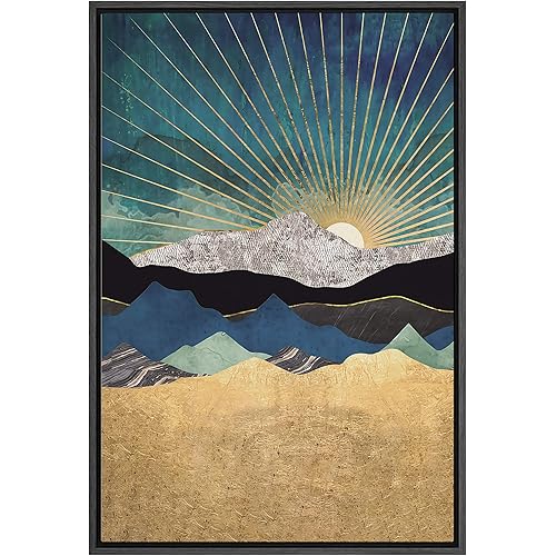 SIGNFORD Framed Canvas Print Wall Art Sun Peeks Over Granite Mountain Range Abstract Wilderness Illustrations Modern Art Contemporary Scenic for Living Room, Bedroom, Office - 16"x24" Black