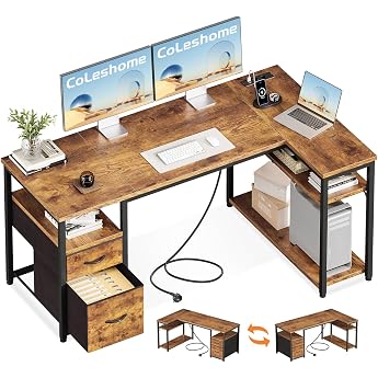 Coleshome Gaming Corner Desk with 2 Drawers 140 x 80 cm Brown