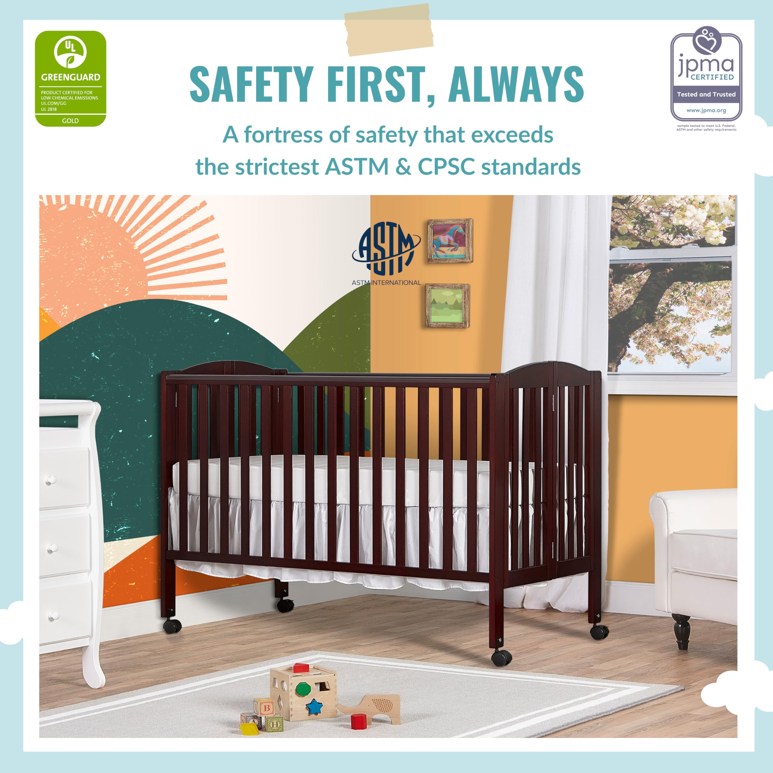 Dream On Me 2-in-1 Folding Birch Portable Crib Cherry Wood Dream