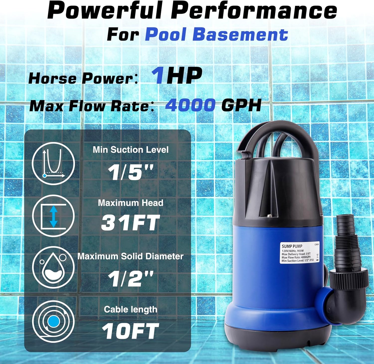 Sump Pump, 1 HP Submersible Water Pump, 4500 GPH Utility Pump, Thermoplastic Portable Electric Water Removal for Swimming Pool, Garden with 10ft Cord